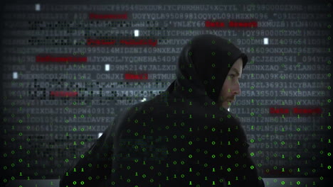 hacker in hoodie with binary code and data breach animation over background