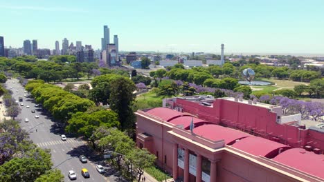 National-Museum-of-Fine-Arts-in-Buenos-Aires-surrounded-by-a-lush-gardens,-Recoleta-neighborhood,-Drone-flyover-shot