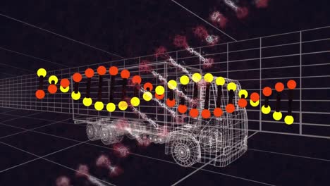 Animation-of-dna-strand-spinning-over-3d-drawing-model-of-lorry-and-grid