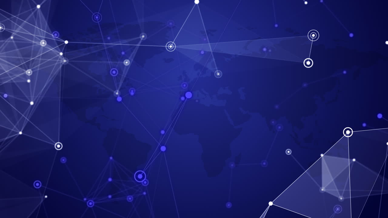 Interlaced plexus lines connecting dots. Round conventional cartographic signs of city. Blue looped background with world map. Geometric shapes triangles.