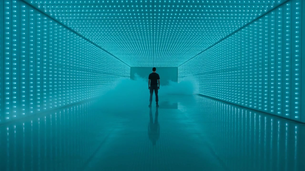 Standing man in dark shirt, pants viewing LED art in tunnel while fog spreading across floor