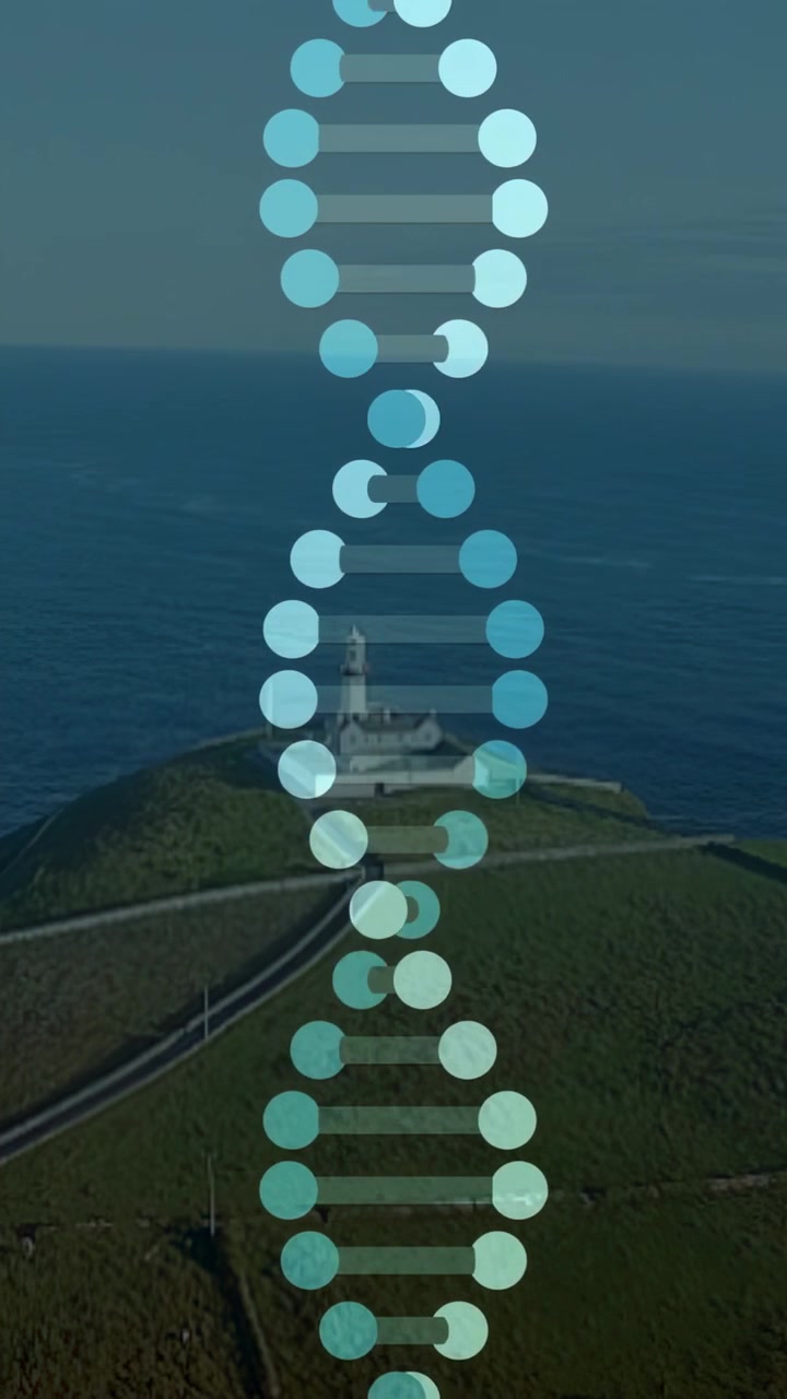 Vertikales Video: Herabfallende Bestmarken paaren sich und bilden eine türkisfarbene Helix über einem Leuchtturm, der Gesundheitsdaten abbildet