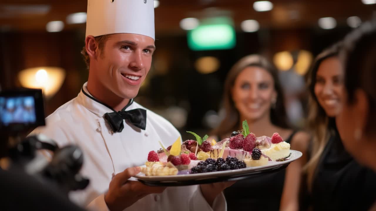 A skilled chef proudly presents an exquisite platter of delectable desserts, skillfully arranged with a colorful array of fresh fruits, inviting smiles and admiration from a delighted audience in a warm ambiance