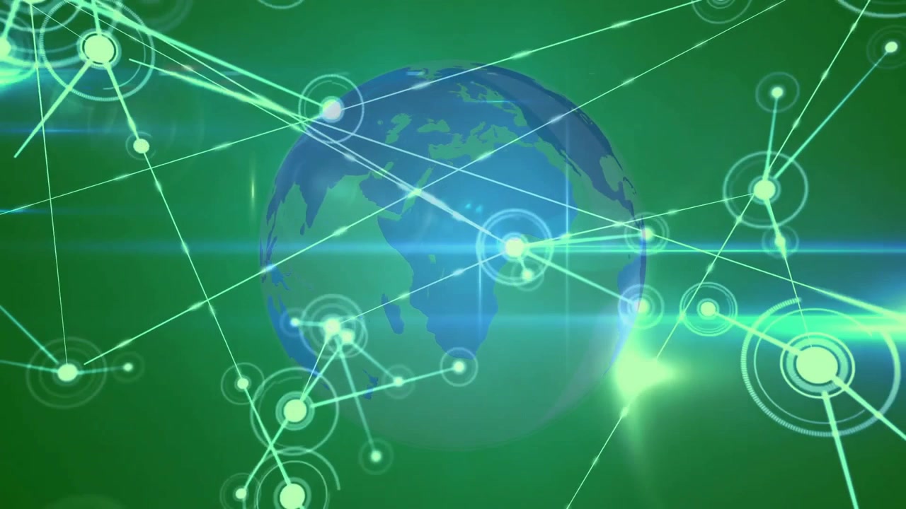 Globo digitale che invia un impulso causando la crescita dei nodi e l'espansione delle linee per mostrare la costruzione di una rete globale