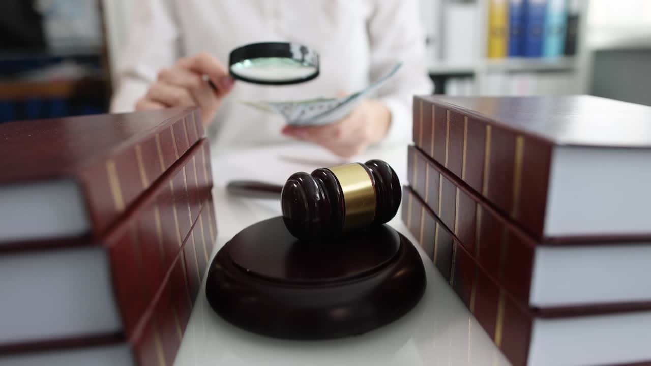 Judicial gavel and judge with magnifying glass and wealth
