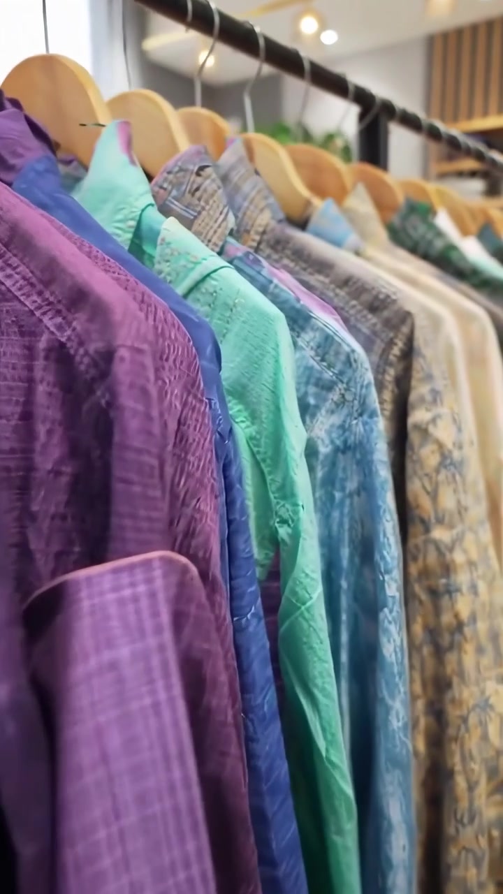 Camicie vivaci e colorate appese su uno stand di abbigliamento