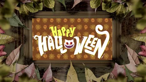 Animation-of-leaf-frame-over-happy-halloween-in-background