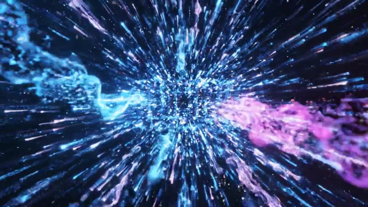 Un viaggio mozzafiato attraverso lo spazio e il tempo: catturare il movimento dinamico di particelle di luce abbaglianti in un ambiente cosmico astratto