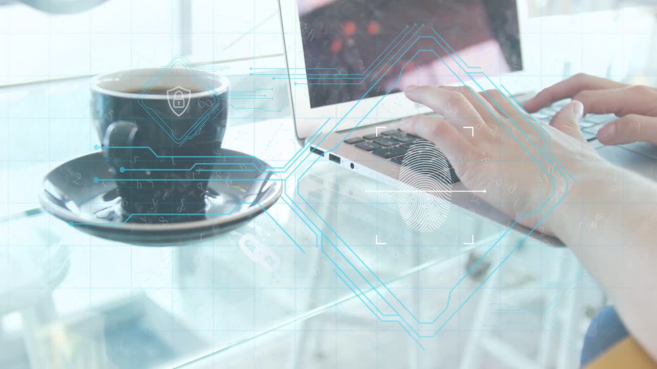 지문의 애니메이션, 키보드에서 타이핑하는 절단 된 손에 추상적인 패턴으로 방패의 락