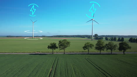 aerial view of wind turbine producing energy on rural field with road during sunny day - digital motion graphic power symbol in blue color - futuristic concept