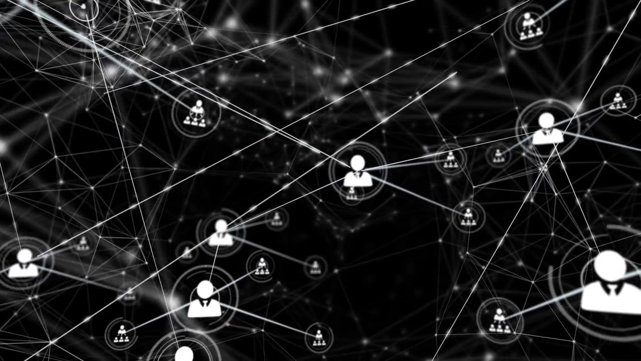 Animation of network of connections with icons on black background