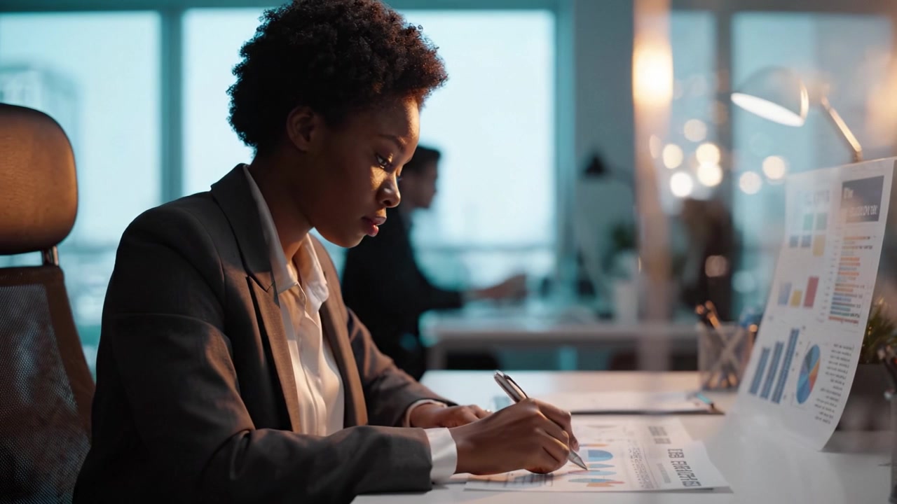 Focused Professional Analyzing Data Reports in a Modern Office Environment, Demonstrating Concentration and Diligence in Business Analysis and Planning Tasks