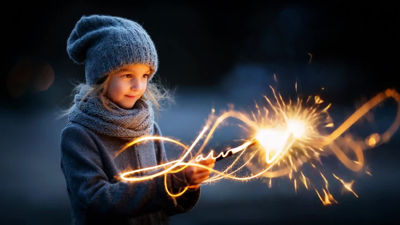 A young girl in a cozy sweater and knitted hat joyfully creates captivating sparkles of light with her hands, illuminating the evening with magical trails that evoke warmth and wonder