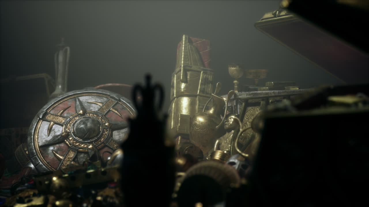 joyas y monedas de oro en la cueva oscura