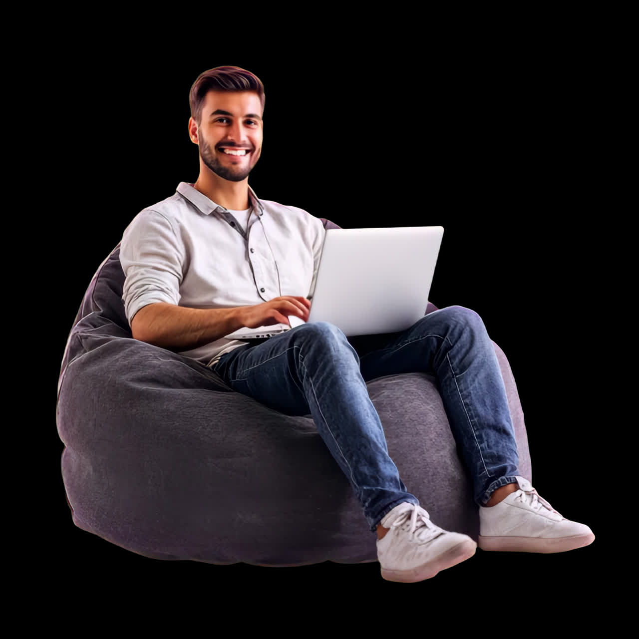 Man relaxing on beanbag chair animation isolated asset, transparent 4K video, alpha channel, ProRes