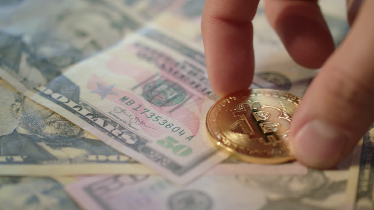 Bitcoin financial system. Gold bit coin lie on us dollar banknotes