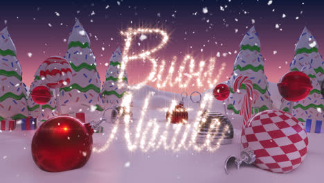 Animation-of-Spanish-Christmas-Message-written-in-shiny-letter-on-snowy-landscape-with-Christmas-bal