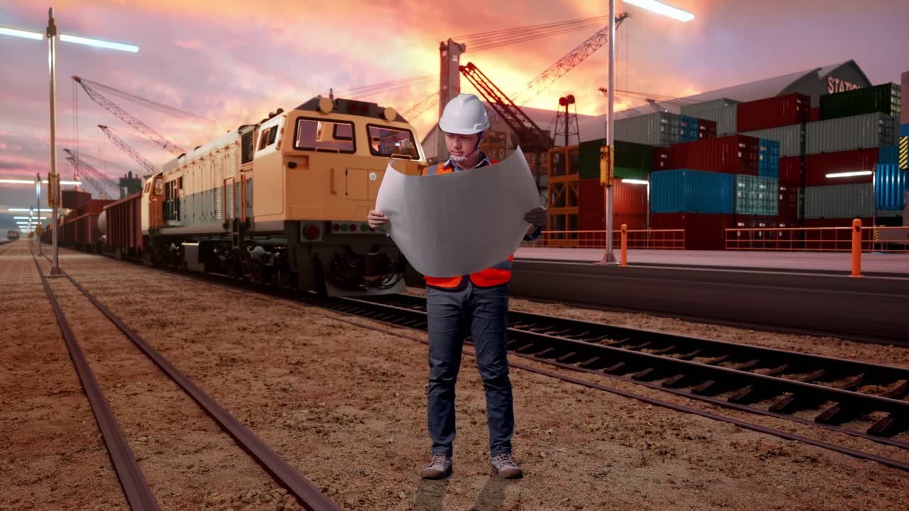 Full Body Of Asian Male Engineer With Safety Helmet Looking At Blueprint In His Hands And Looking Around While Standing With Freight Cargo Train At Port