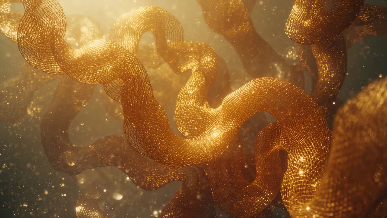 Ruban d’or tissé scintillant se déplaçant dans une lumière en suspension, la caméra recule pour montrer le tissage et la poussière
