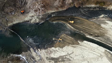 aerial view of bulldozers and excavators working to divert the course of a river