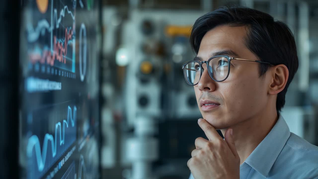Monitoring man in blue shirt and eyeglasses studying as data display showing charts updating in lab
