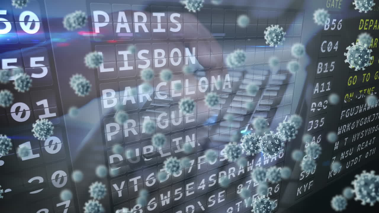 타이핑하는 사람 위에 공항 시간표와 함께 떠다니는 거대한 코로나19 세포의 애니메이션