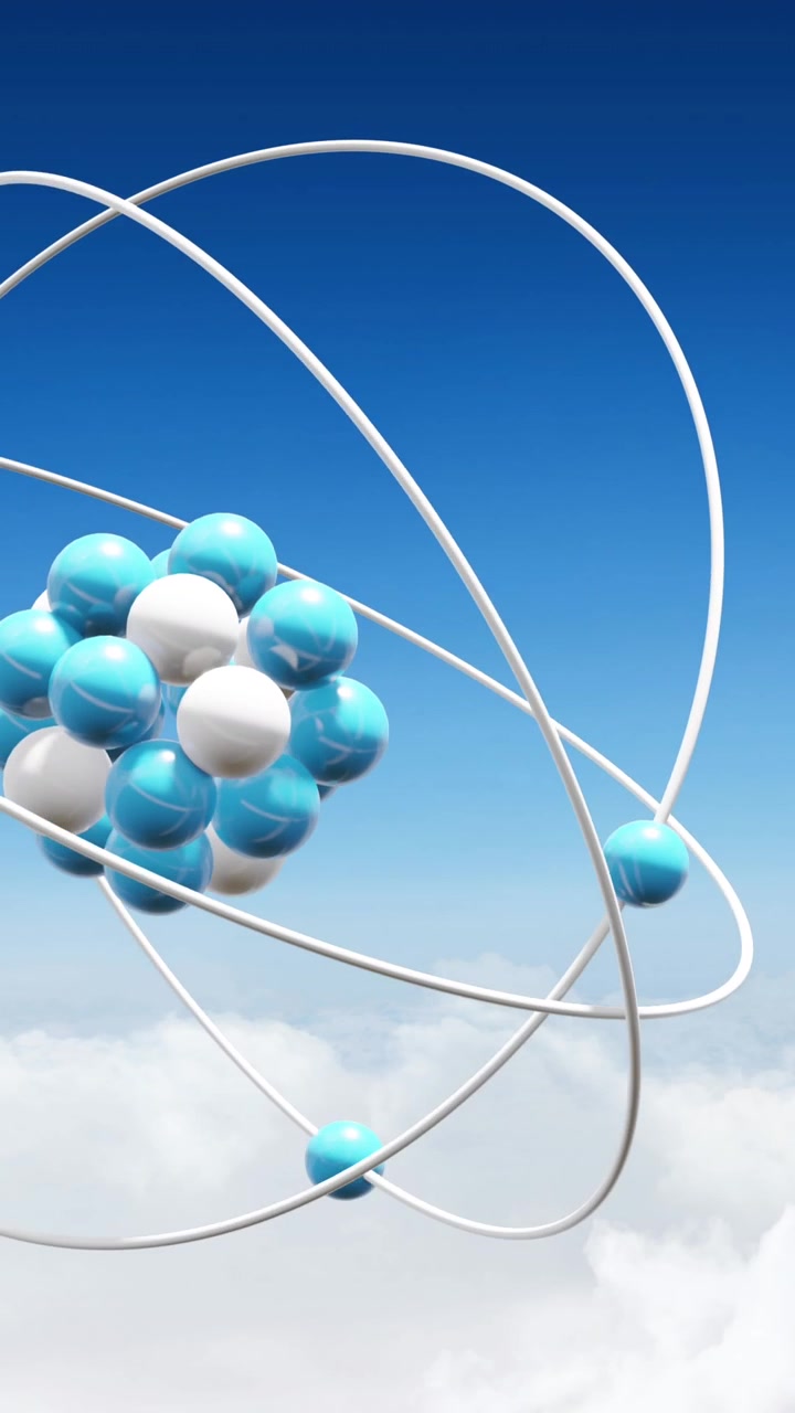 Animation of atom models spinning over clouds on blue background