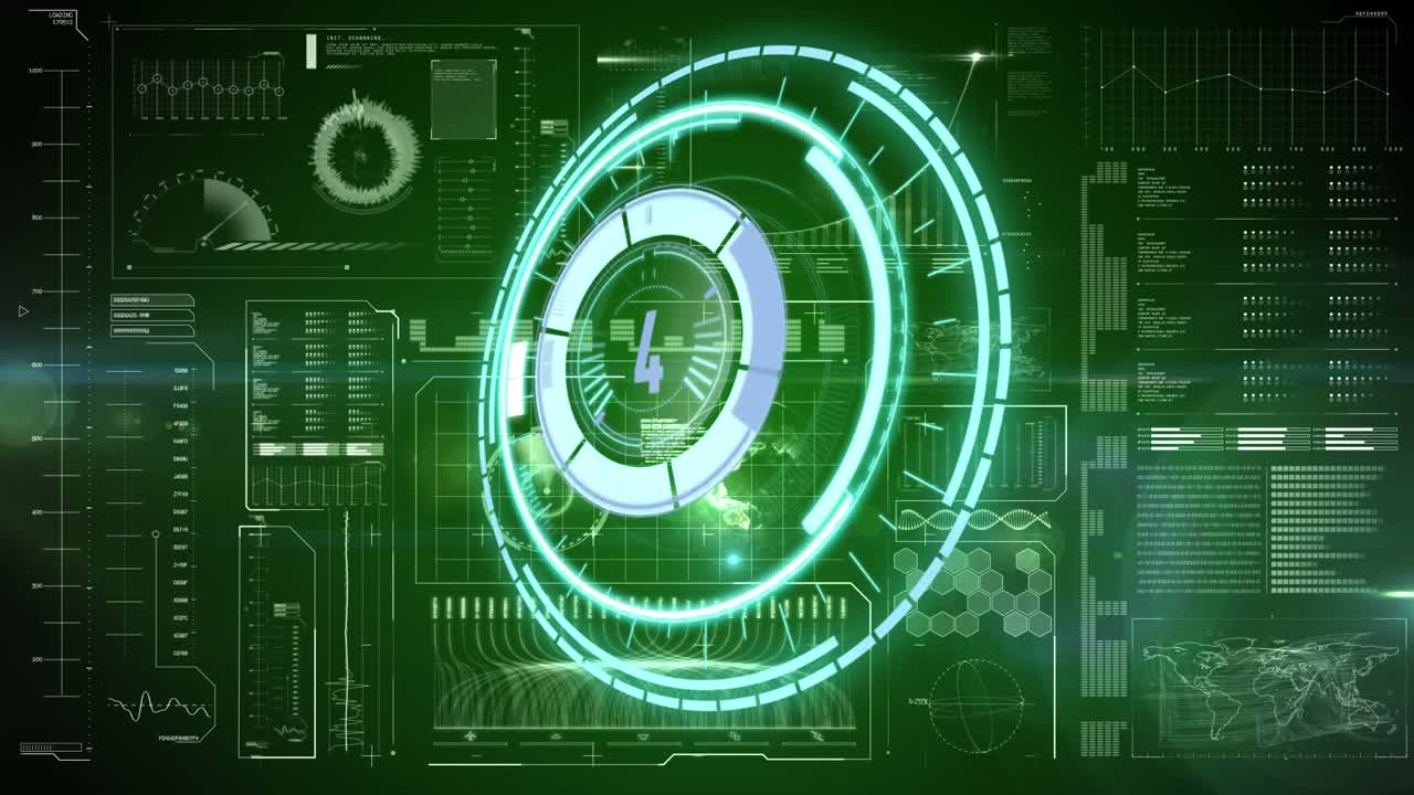 Animazione di un mirino con conto alla rovescia ed elaborazione dati sullo schermo