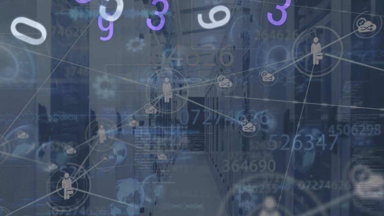 animación de la interfaz digital con la red de conexiones a través de la sala de servidores