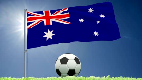 flag of australia fluttering and a football rolls on the lawn, 3d rendering, 4k footage