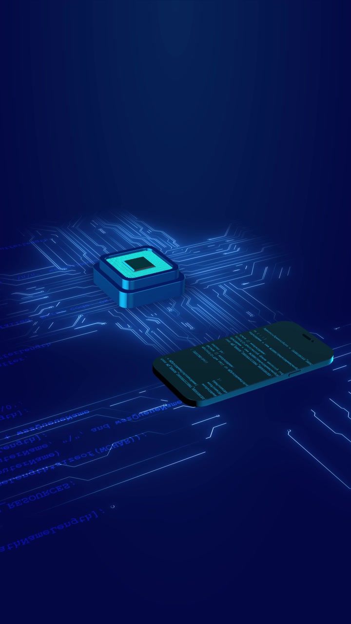 Immagine di circuito dati di chip per smartphone con strati di codice microprocessore luminosi e digitale blu