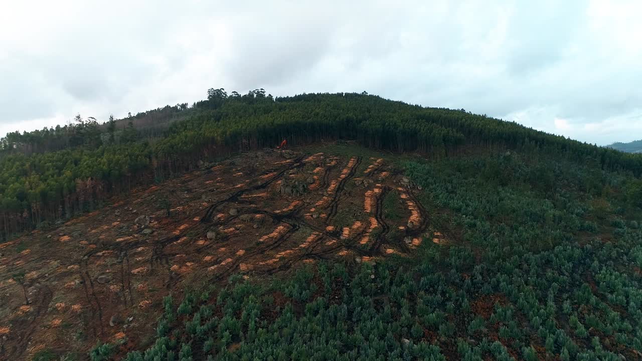 Deforestation. Aerial drone view of forest destroyed. Deforestation on Mountain Slope