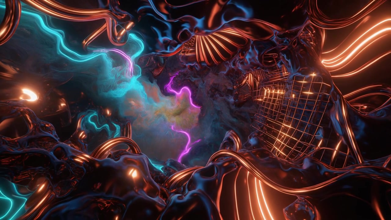 Abstract 3D Animation of Glowing Neon Tubes and Liquid Metal Structures