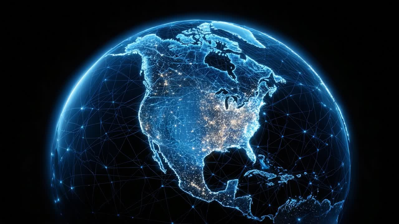 En imponerende digital fremstilling af Nordamerika oplyst af sammenhængende netværk, der viser en netværksforbundet jord med klare byer og geografiske detaljer
