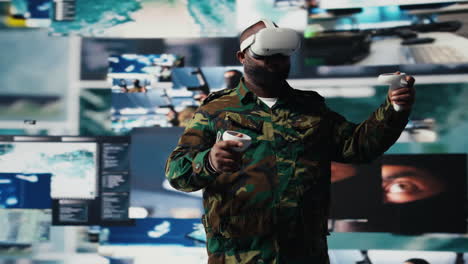 Military personnel uses VR glasses for intelligence from satellite imagery