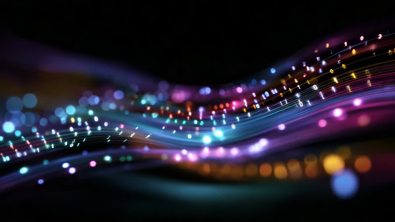 A Dynamic Wave of Colorful Light Patterns Intertwining with Digital Elements, Celebrating the Fusion of Art and Technology in a Mesmerizing Display of Vibrant Energy and Motion
