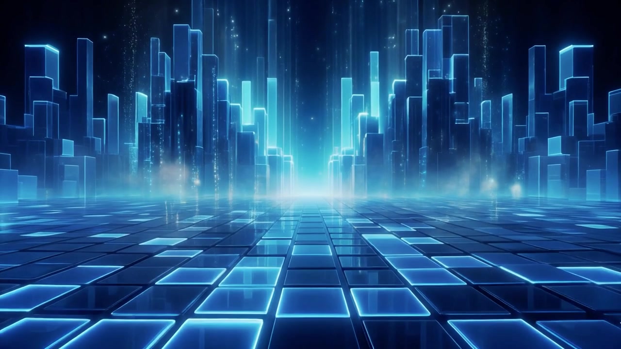 Futuristic Digital Cityscape with Glowing Blue Geometric Structures