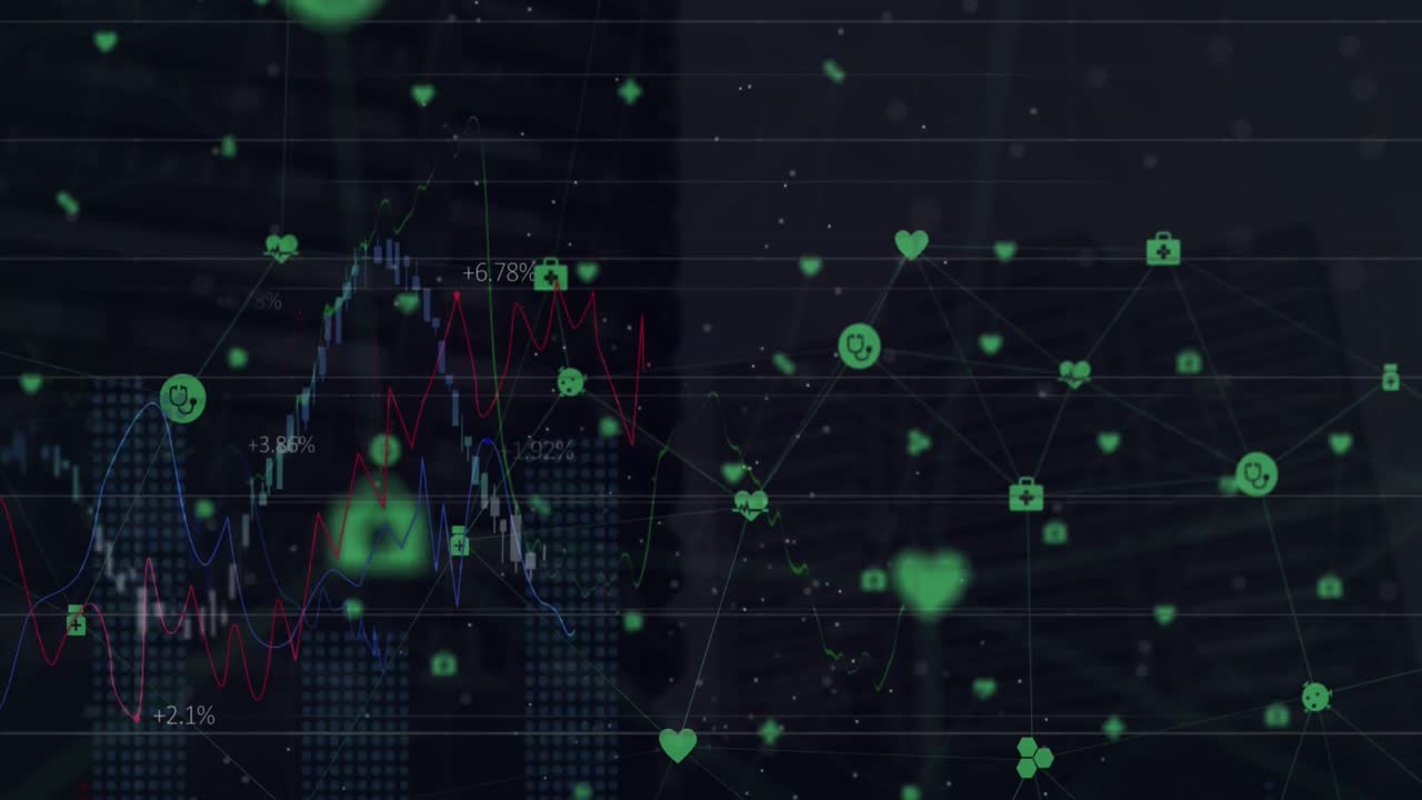 animación de iconos médicos conectados y múltiples gráficos que se mueven sobre edificios de silueta por la noche