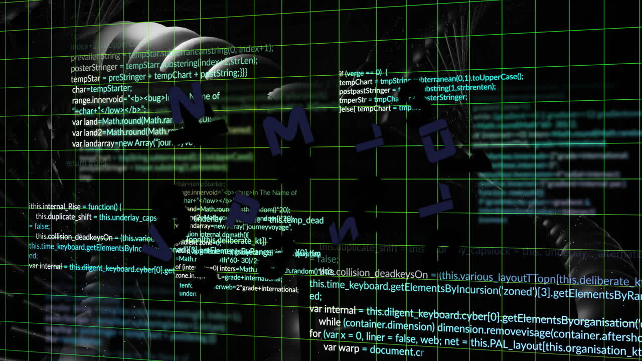 Programming code and letters animation over grid and abstract shapes background