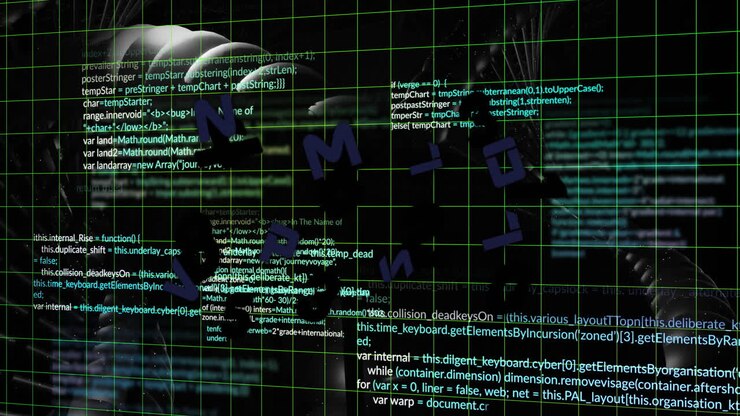 Programming code and letters animation over grid and abstract shapes background