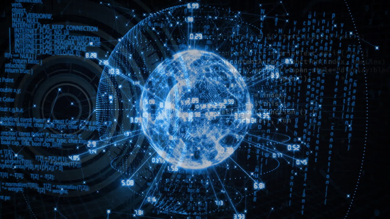 globo digital con puntos de datos y código binario, animación de red global