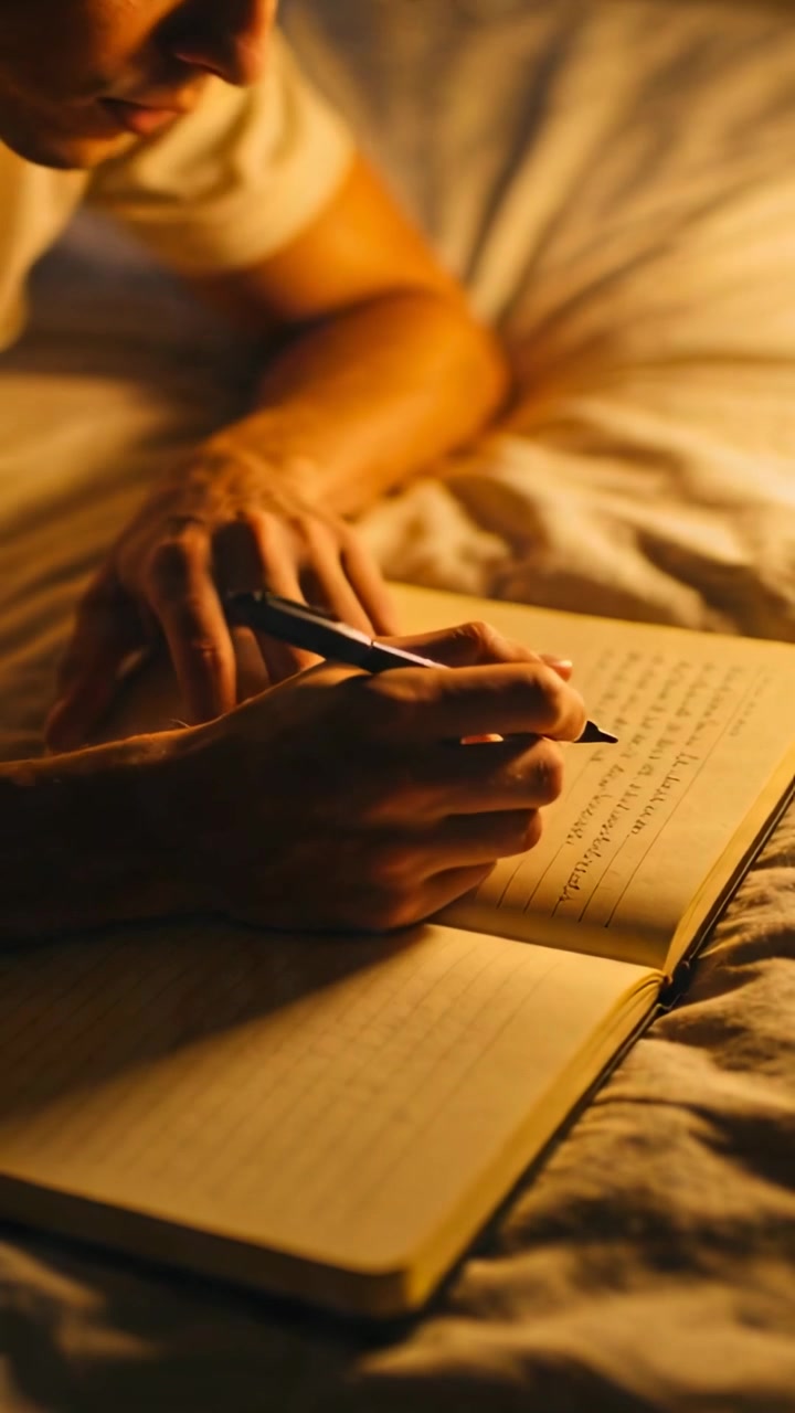 Video verticale: Una penna tocca la pagina mentre una persona inizia a scrivere appunti sul letto, indossando una maglietta bianca e con un quaderno.