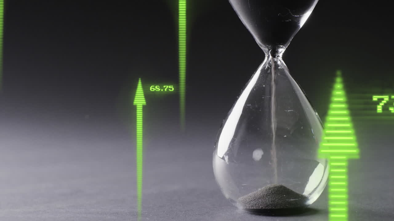 Animation of financial data processing with arrows over hourglass