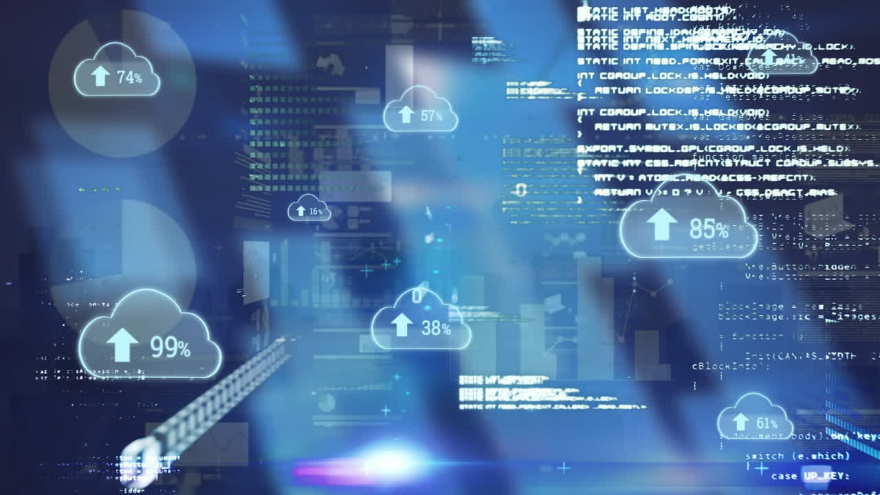 animación de múltiples iconos de nube con un porcentaje creciente y procesamiento de datos estadísticos.