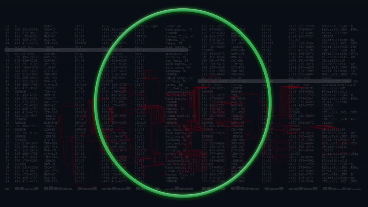 Green circle animation over financial data and red bar charts