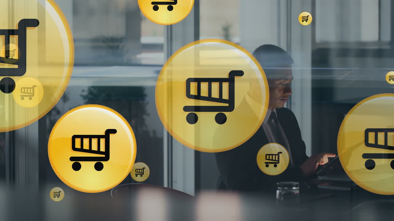 스마트폰을 사용하는 아시아 사업가에 대한 미디어 아이콘의 애니메이션