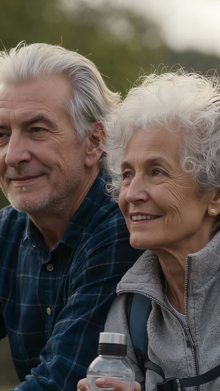 Vertical video: Smiling woman with bottle, man in plaid turning toward her in park, sharing gaze