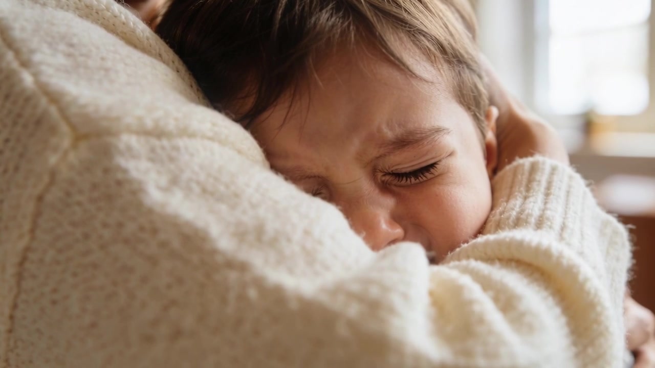 Persona che si prende cura di un bambino, lo culla e lo conforta mentre inizia a piangere a casa, con le mani che gli sorreggono la testa, maglione color crema.