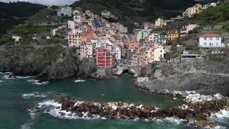 Riomaggiore-Cinque-Terre-Italy-aerial-static-view-of-village-good-time-lapse-candidate