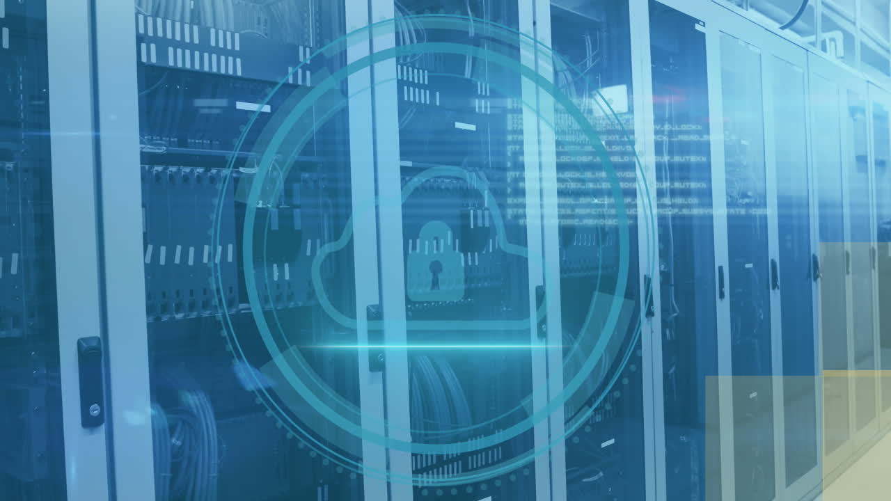 Animation of padlock and cloud icon scanning in loading circles over server room